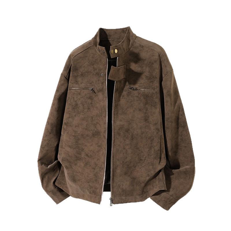 Men's American Retro PU Leather Stand Collar Motorcycle Jacket - Winter Style, Padded, Loose Fit, Versatile and Casual.