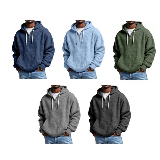 Sudadera para Hombre con Capucha de Tejido Waffle Color Sólido Jersey con Cremallera 1/4 y Bolsillo Delantero Otoño Invierno Casual Corte Holgado Tops Deportivos