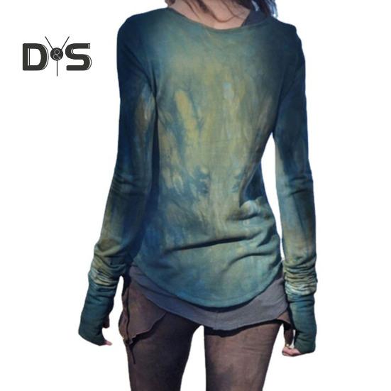 Damer Topper Rund Hals Langermet Månetrykt Skjorte Slim Fit Middels Lengde Elastisk T-skjorte Hverdagsklær