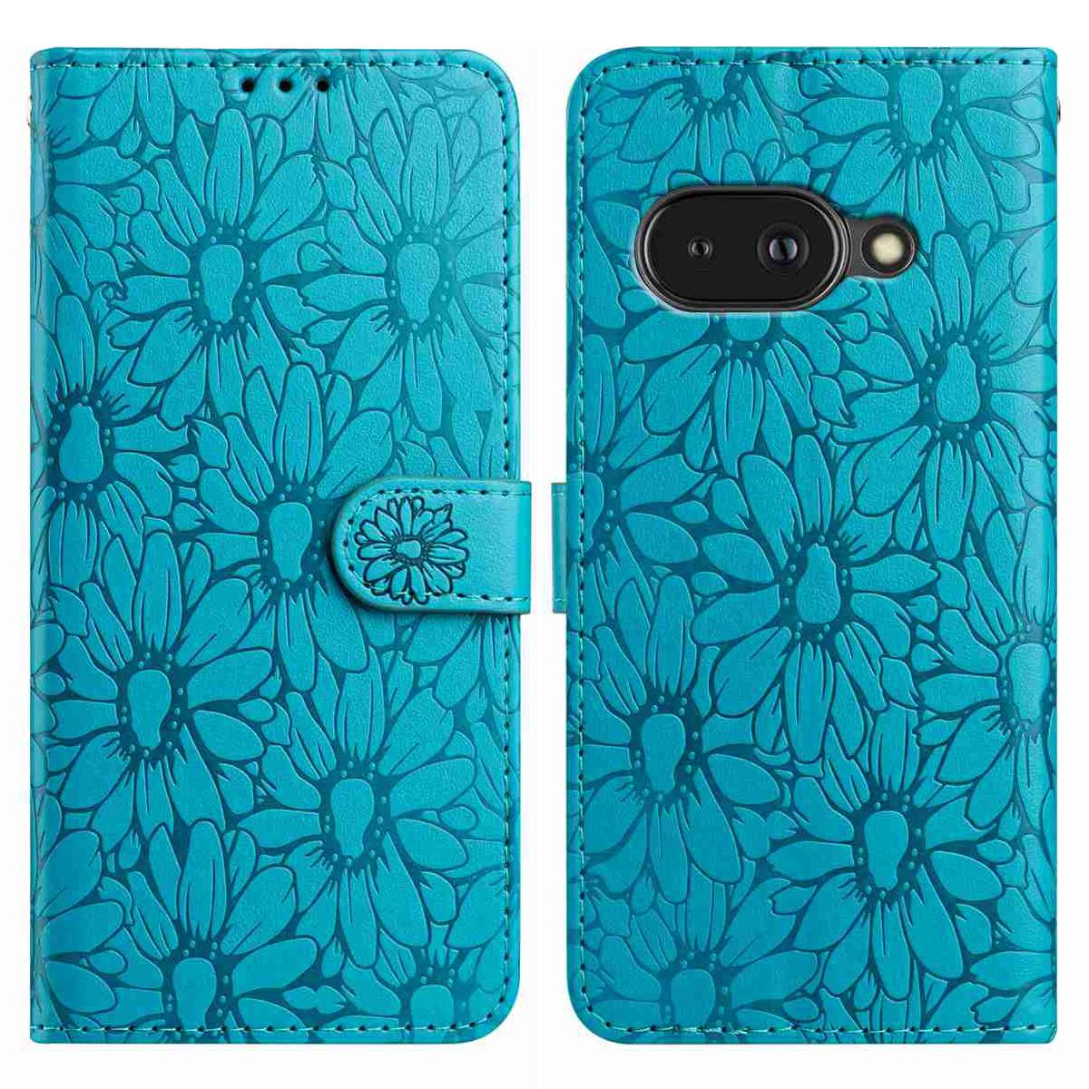 

For Google Pixel 9a Leather Case Daisy Imprint Wallet Stand Phone Protective Cover Baby Blue