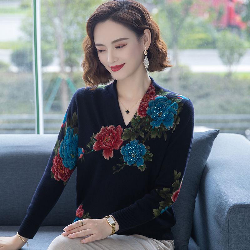 

Женские кашемировые свитера Осень и Зима Тепло и Утолщенный Трикотаж Свитера V-образный вырез С принтом Шерстяные свитера 3XL чёрный