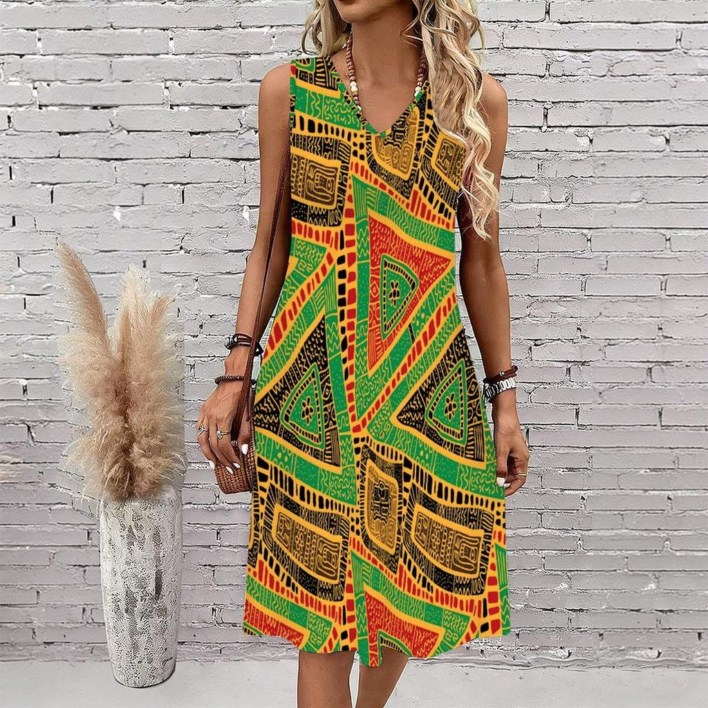 Plus Size V Neck Sleeveless Dress Natural Small Floral Print For Urban Garden Stroll