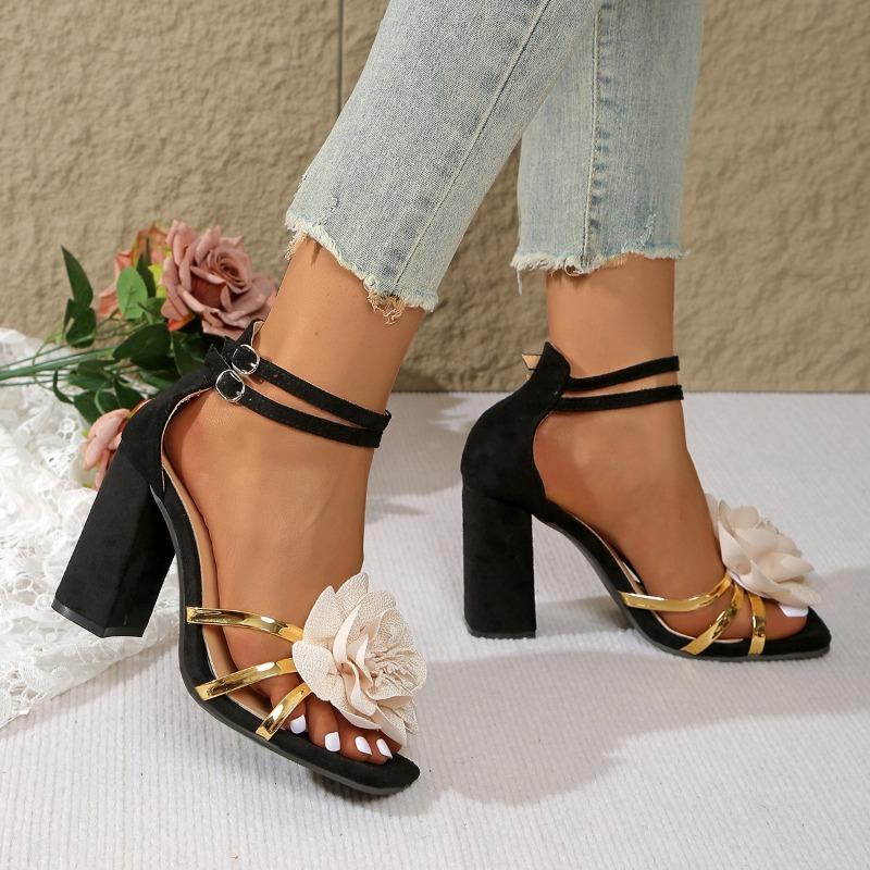 Modă 2025 Vară Nou Sandale de Damă cu Toc Acoperit Culori Mixte Curea cu Cataramă Sandale cu Toc Gros pentru Mărimi Mari Pantofi de Petrecere pentru Rochie Florală