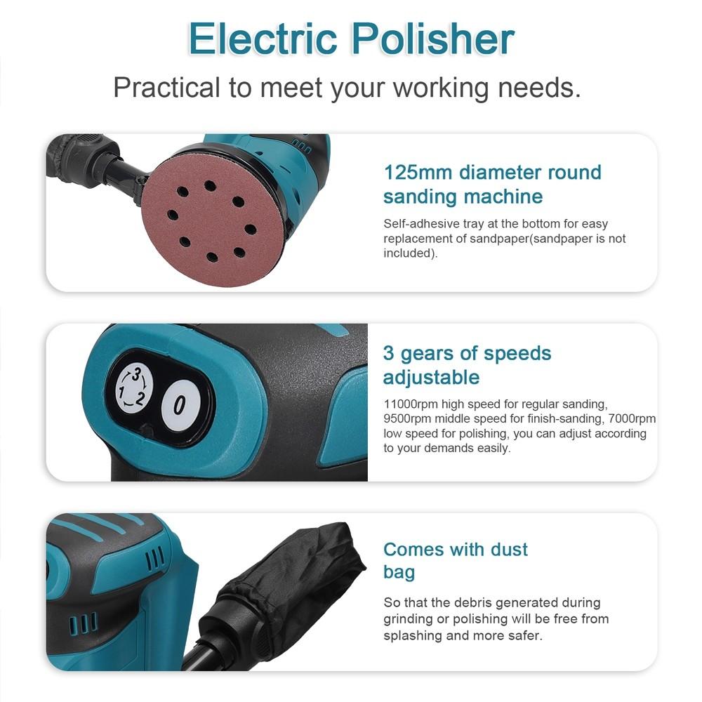 125mm Cordless Random Orbital Sander Electric Wood Grinder Polisher Grinding Sanding Machine for 21V Battery