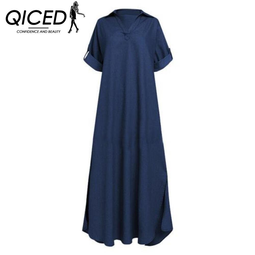 QICED Summer Denim Dress for Women Casual Spring Blue Maxi Dresses V Neck Half Sleeve Plus Size Long Dresses with Slit