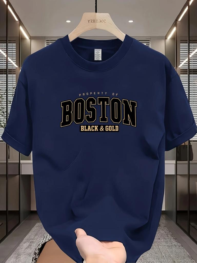 Black Gold Boston Men's 100% Cotton T-shirt, Casual Versatile Bottom Coat, Comfortable Sports Top