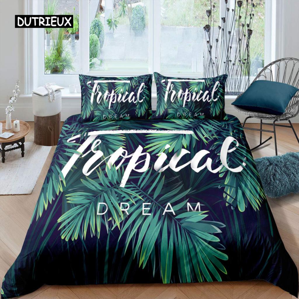 Palm Leaves Duvet Cover King Full Banana Leaves Bedding Set Hawaiian Tropical Leaves Green Branches 2/3pcs Polyester Quilt Cover