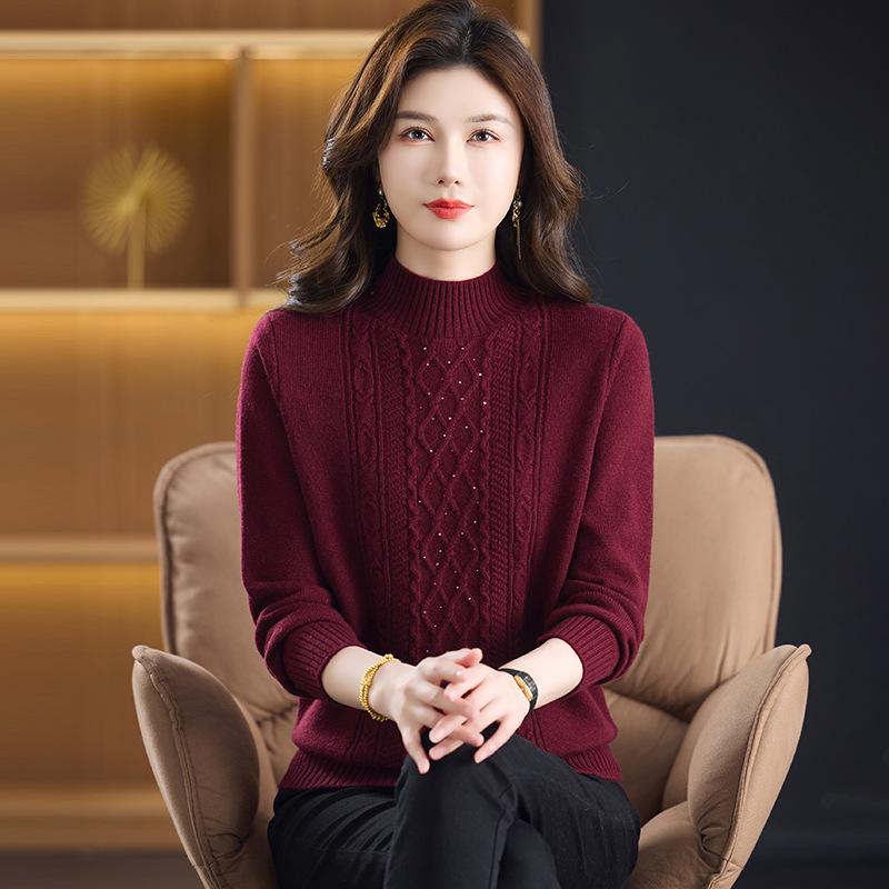 Autumn/Winter 100% Wool Knit Base Layer Sweater for Mid-Aged & Elderly Women - Thick, Warm, Inner Wear