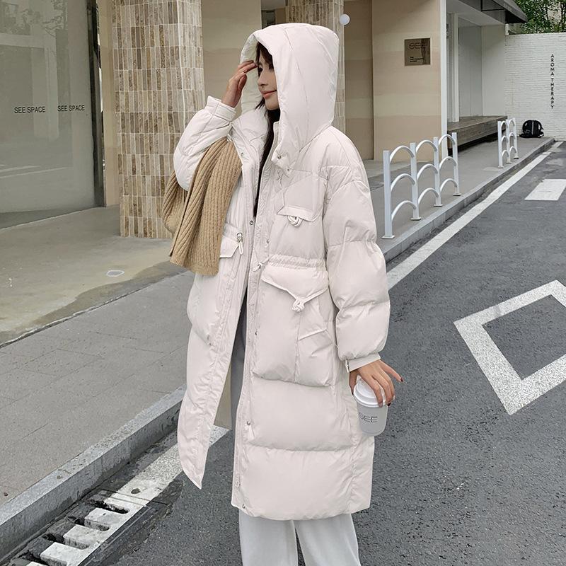 Winter new product loose hooded white duck down jacket women's thickened long waist thin button large size coat