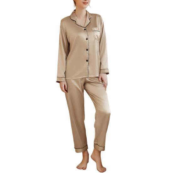 

2 шт./комплект пижамный костюм атласный однобортный кардиган рубашка V-образный вырез воротник однотонная рубашка широкие свободные брюки ночная рубашка одежда для сна S