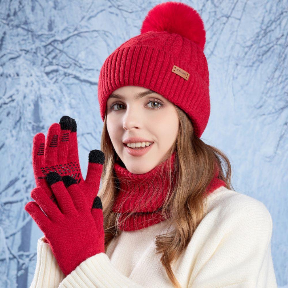 3pcs Solid Color Hat Scarf Gloves Set Warm Winter Beanie Hat Simple Thermal Knit Cap  Outdoor