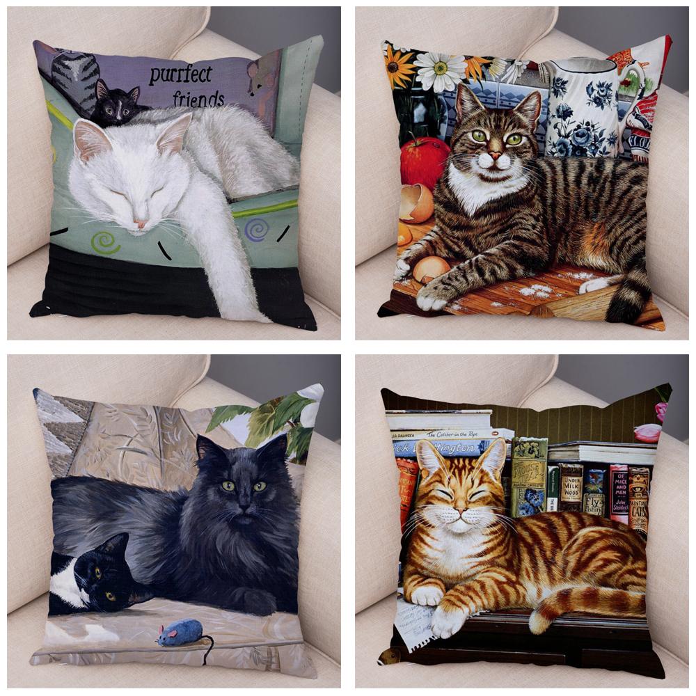 Pet Cartoon Animal Pillowcase Sofa Home Car Pillowcase Cute Watercolor Cat Cushion Cover Decoration