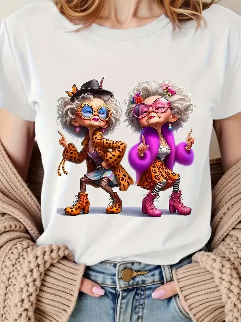 Polyester 100% Cool Trendy Grandma Graphic T-shirt Women Streetwear Funny Old Lady Print Casual Basic Fashion Tops