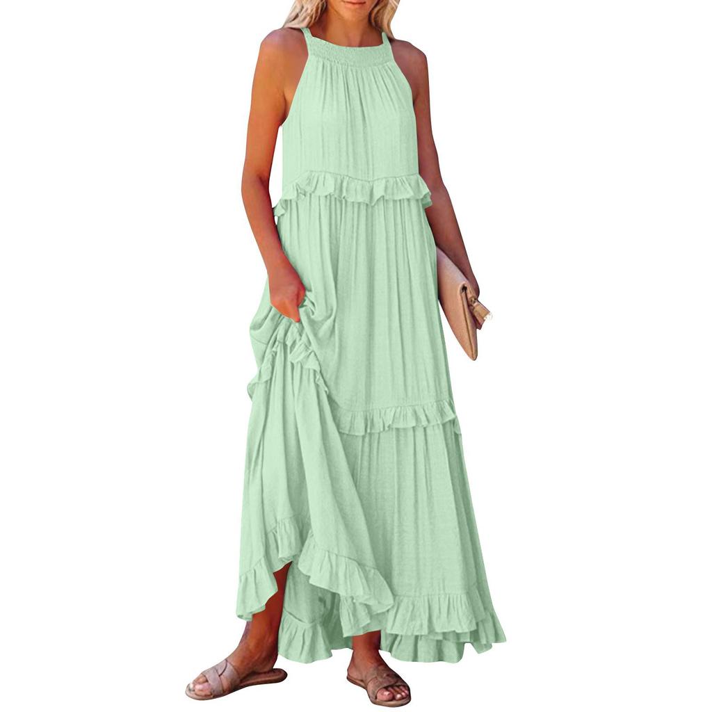 Women's Sleeveless Halter Neck Tiered Maxi Dress Ruffle Hem Loose Flowy Summer Casual Long Dress With Pockets