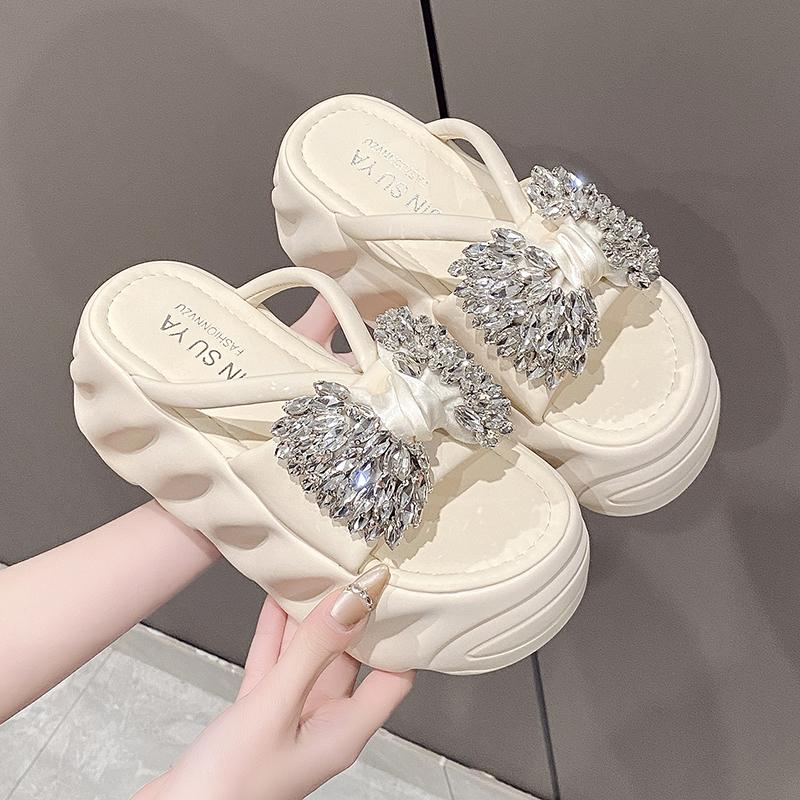 8.5CM Women Summer High Platform Sandals Glitter Slides Crystal Butterfly-knot Shoes Woman Pantofle Soft Beach Slides Zapatos