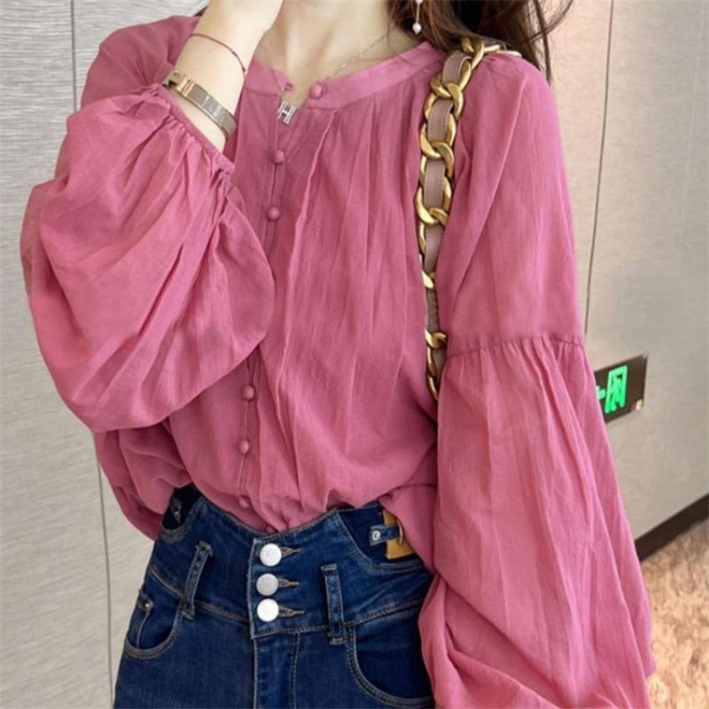 

Элегантная мода с рукавами-фонариками женская рубашка весна-осень однотонные новые шифоновые женские топы и блузки офисные женские рубашки на пуговицах 1108 S розовый