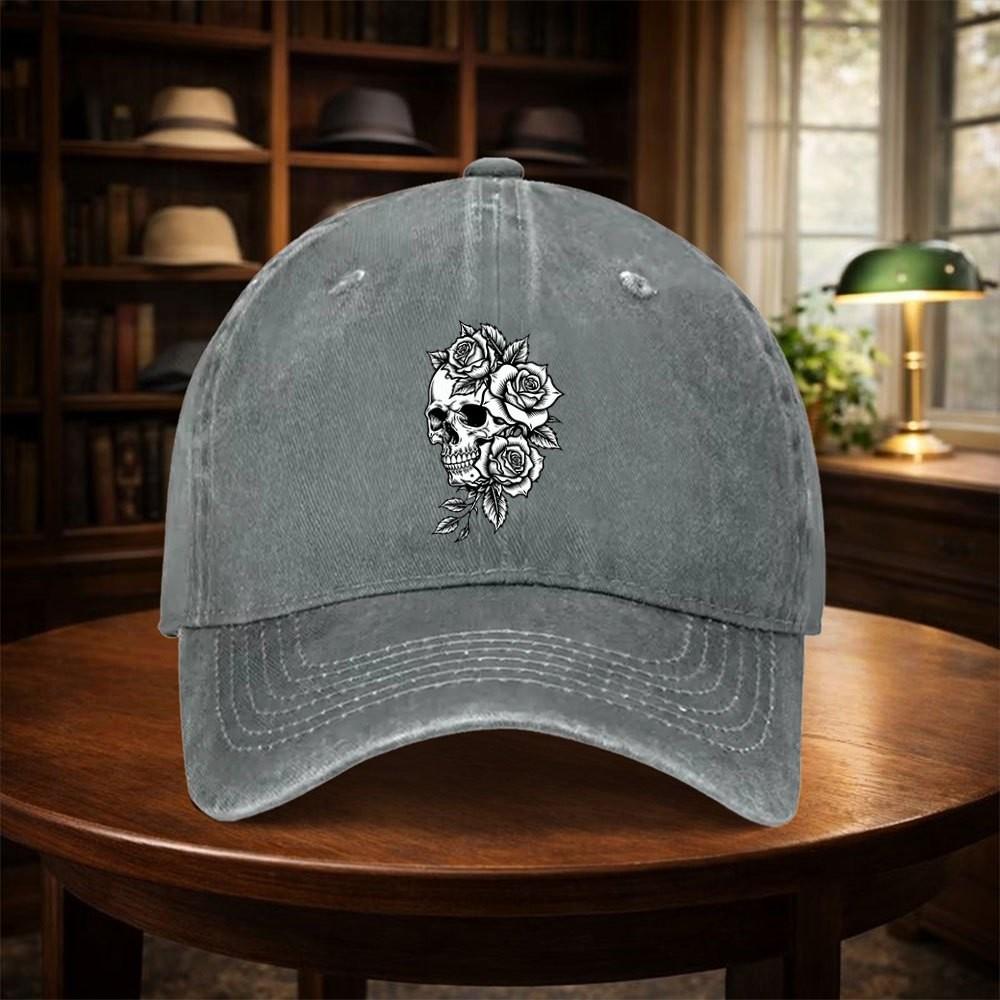 Skull Rose Tattoo Print Baseball Cap Washed Denim Casual Adjustable Hat