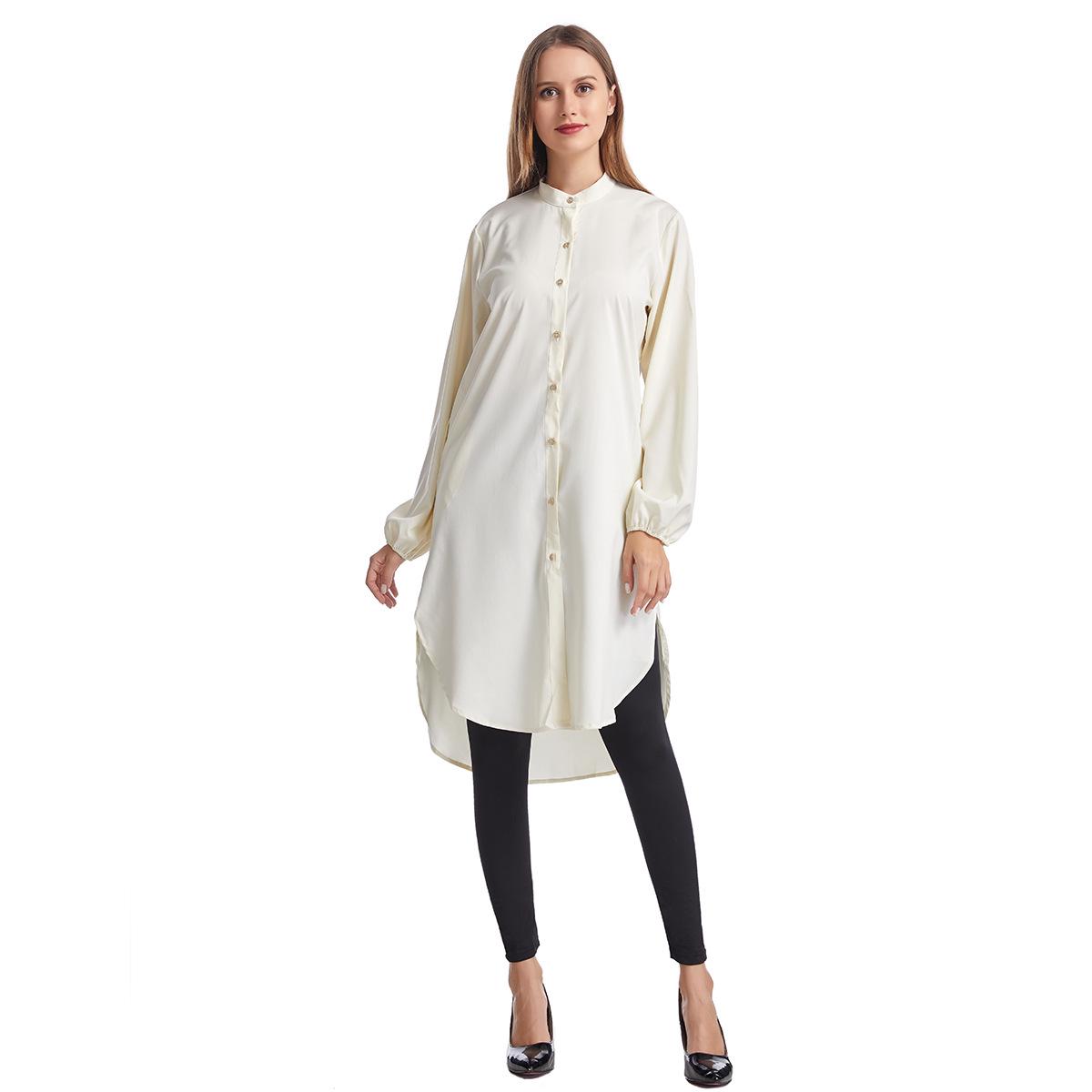 

Women s Mid-Length Stand-Up Collar Long-Sleeve Casual Shirt - Solid Color Fashion Style XL бежевий