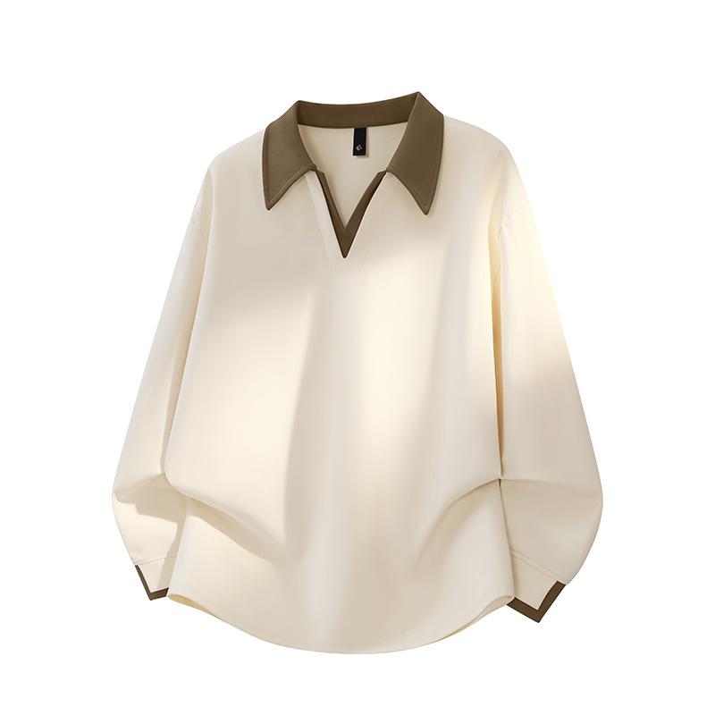 Men's Plus Size Winter Hoodie Polo Shirt, Patchwork V-Neck Base Layer, Thickened Two-Piece Style