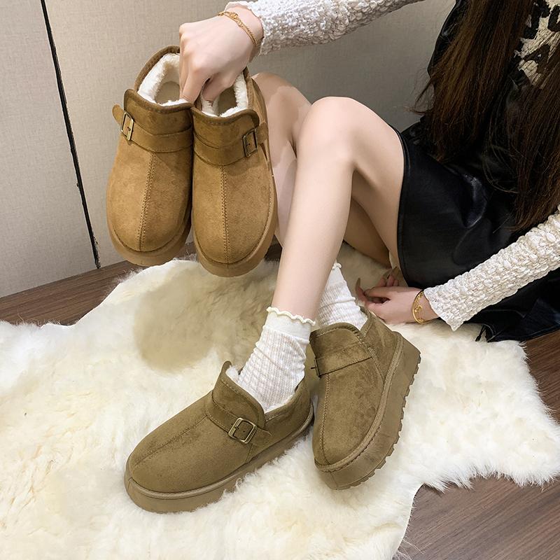 Women's Cow Suede Snow Boots Winter New Sleeve Belt Buckle Platform Non-Slip Cotton Boots