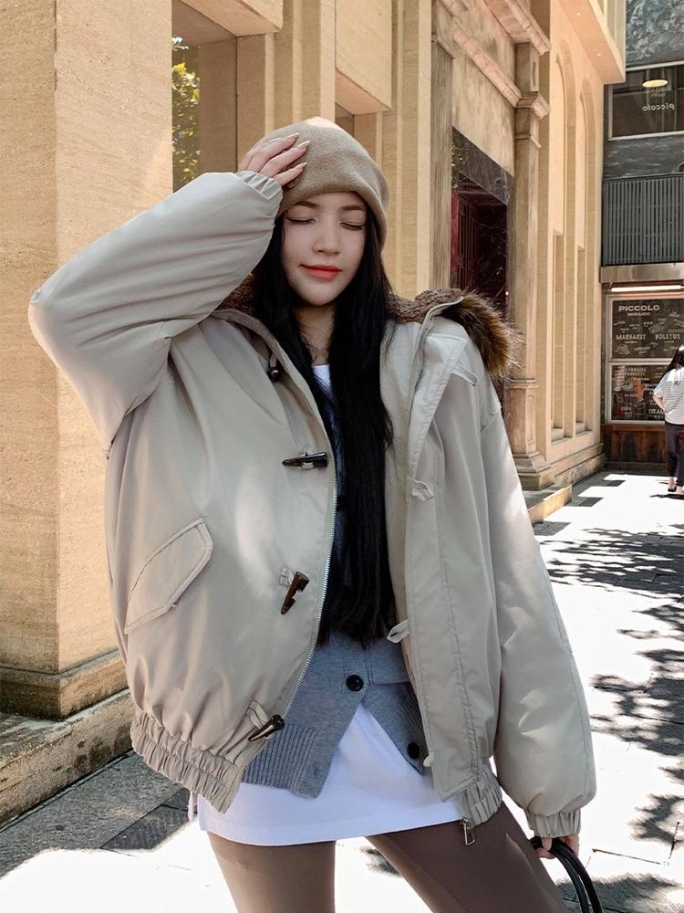 Horns Buckle Big Fur Collar Hooded Cotton-padded Jacket Women's Short Workwear Parkas