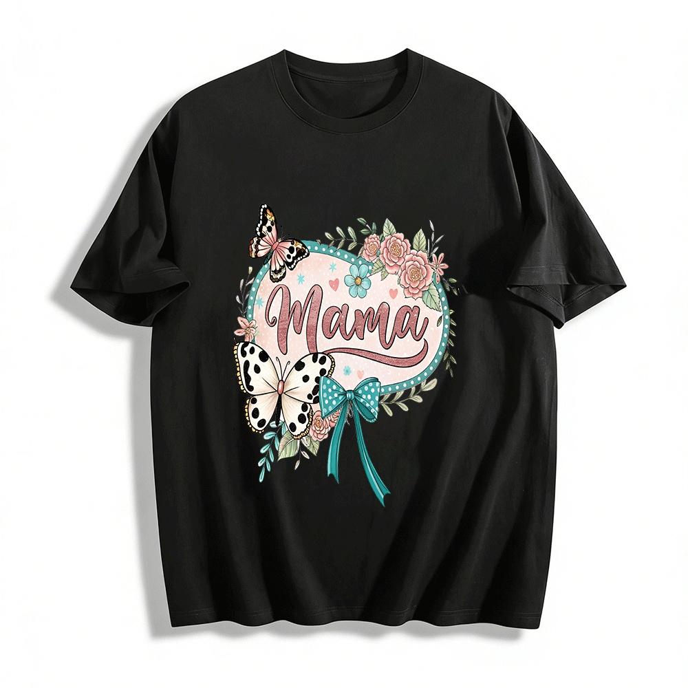 Vintage Style Mama Butterfly Floral Print Casual Top For Mom Pure cotton T-shirt XXS