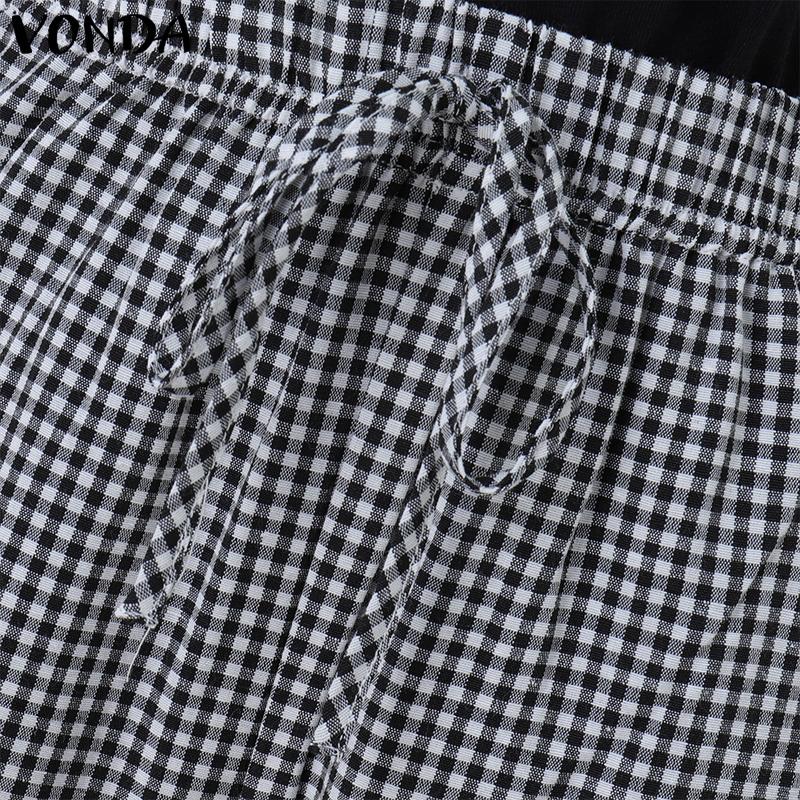 VONDA Women Casual Elastic Waist Drawstring Plaid Trousers