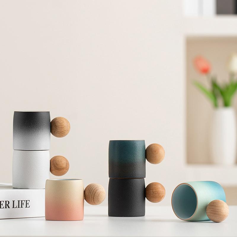 70ml Unikátní Stoare Šálek na čaj s dřevěnou kuličkovou rukojetí, Umělecký keramický hrnek na kávu pro odpolední čaj