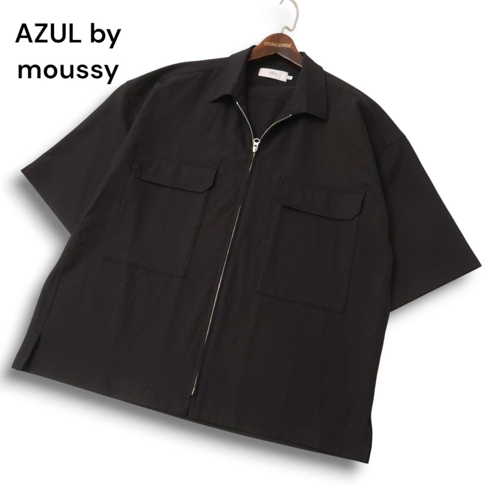 AZUL by moussy Stretch Twill Short Sleeve Zip Up Oversized Work Shirt Sz.L Men s Black