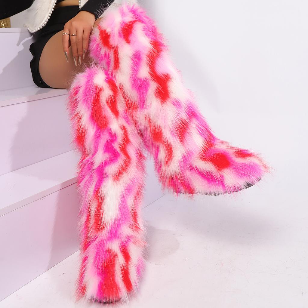 Womens Knee High Fuzzy Faux Fur Boots - Soft, Warm, and Comfortable Slip-on Design with Flat He Ladies Plush Warm Platform Shoes