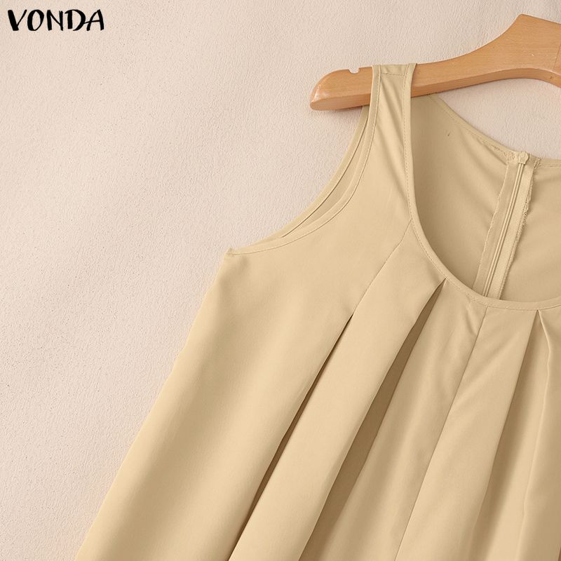 VONDA Women Summer Sleeveless Print Hem Casual Long Holiday Jumpsuits Overalls