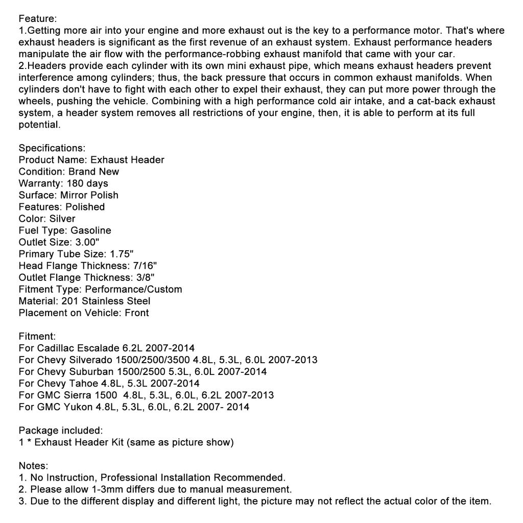 Long Tube Exhaust Header Kits Fit Chevy Silverado Suburb 2007-2014 4.8 5.3 6.0L