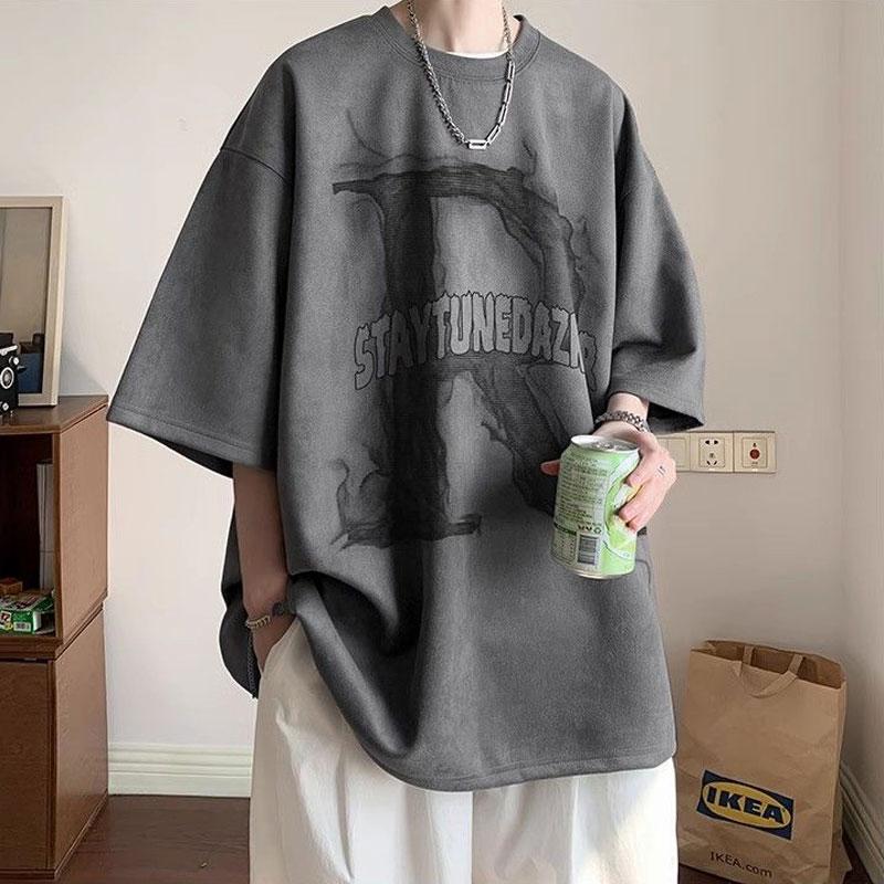 

American Retro Letter Pullovers Men s Clothing O-Neck Printed Summer Casual Loose Young Style High Street Short Sleeve T-shirts L серый