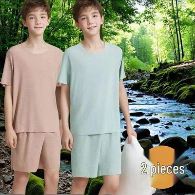 Men's Teen Ice Silk Pajamas - Summer Two-Piece Seamless Short Sleeve Set, Large Size