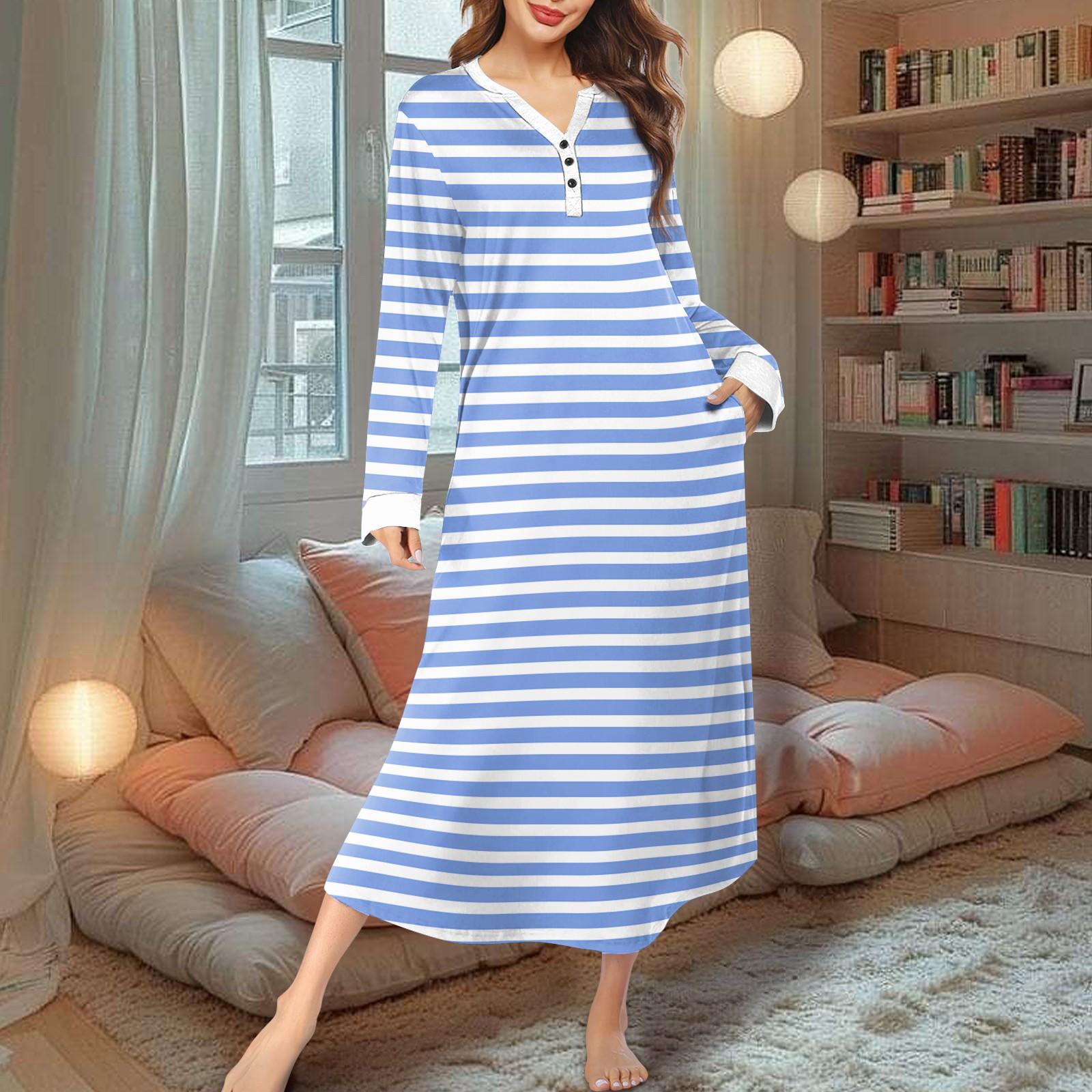 

Женская ночная рубашка, модный принт, длинный домашний халат, пижама с V-образным вырезом и карманами, платье M синий