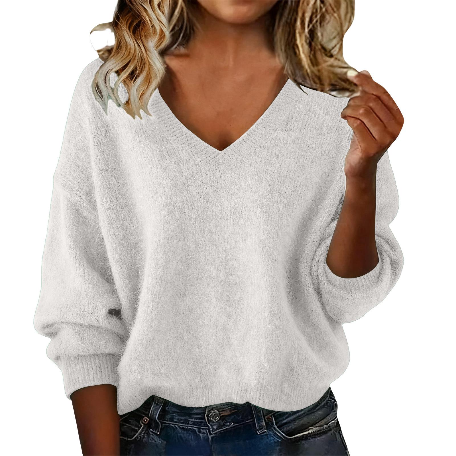 Women S Loose Knit Solid V Neck Long Sleeve Sweater Top S