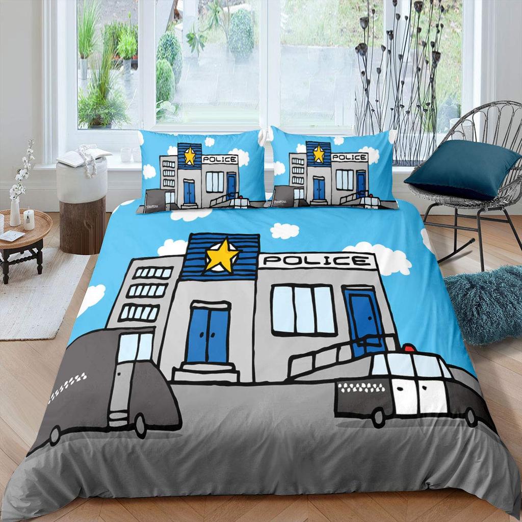 Police Car Duvet Cover Cartoon Set Car Blue Grey Emergency Responder Vehicles Polyester Quilt Cover With Pillowcases King Size