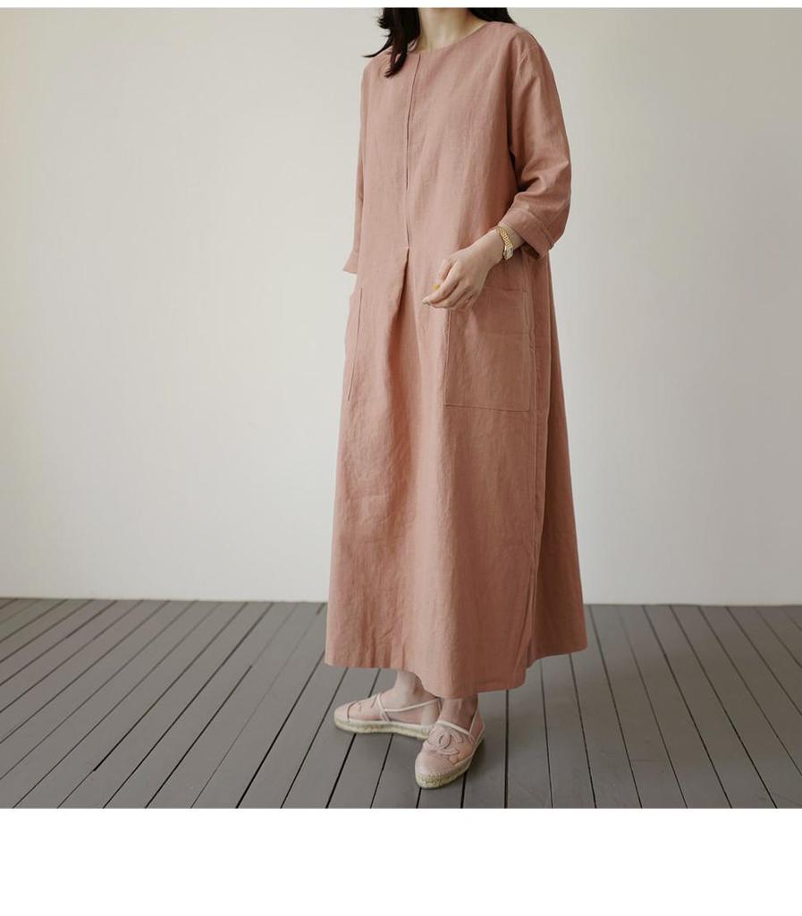 Women's Korean Style Cotton Linen Mid-Length Dress with Pockets - Plus Size, Loose Fit, Casual Fashion