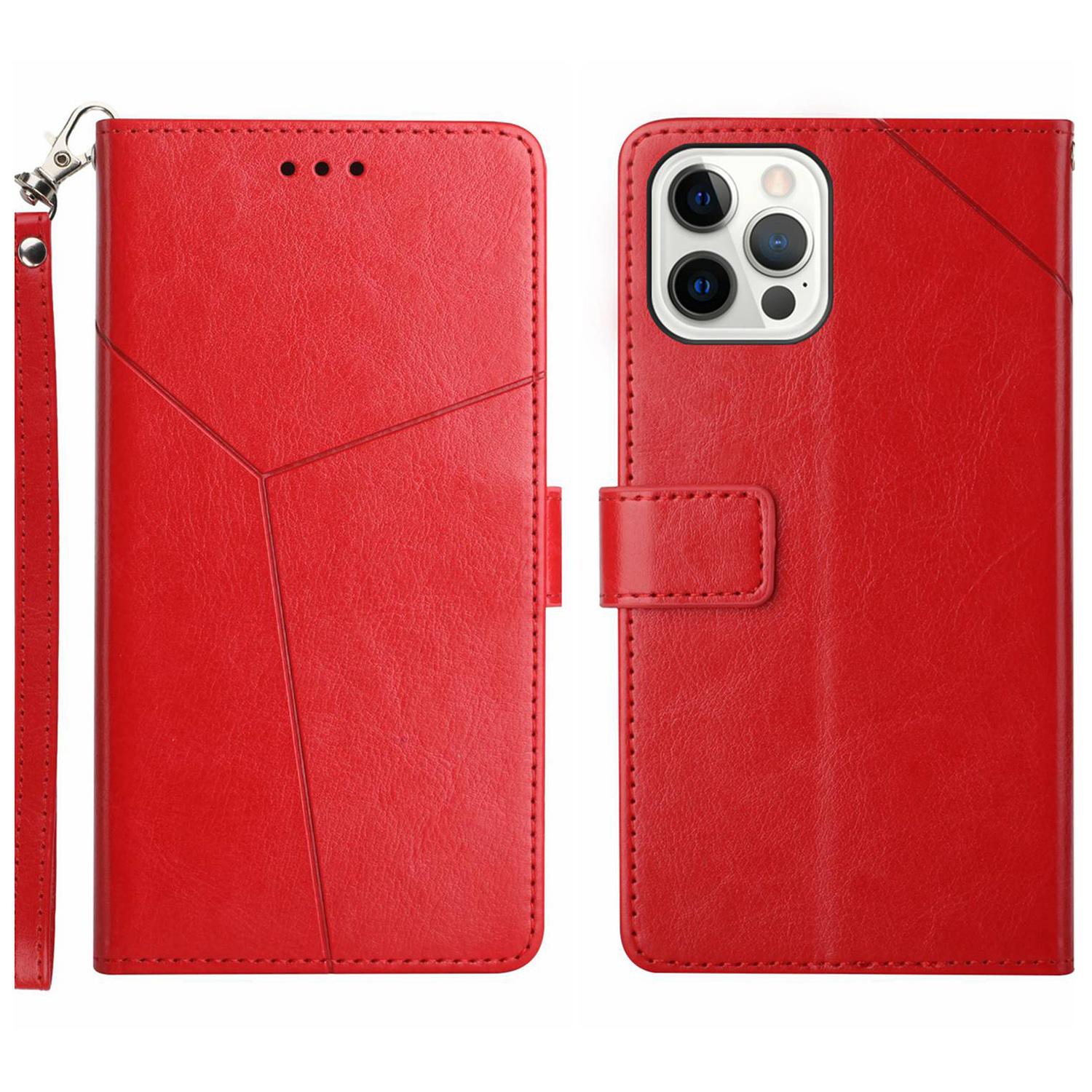

For iPhone 16 Pro Case with Wrist Strap Y Shaped Lines Imprint Leather Phone Cover Red