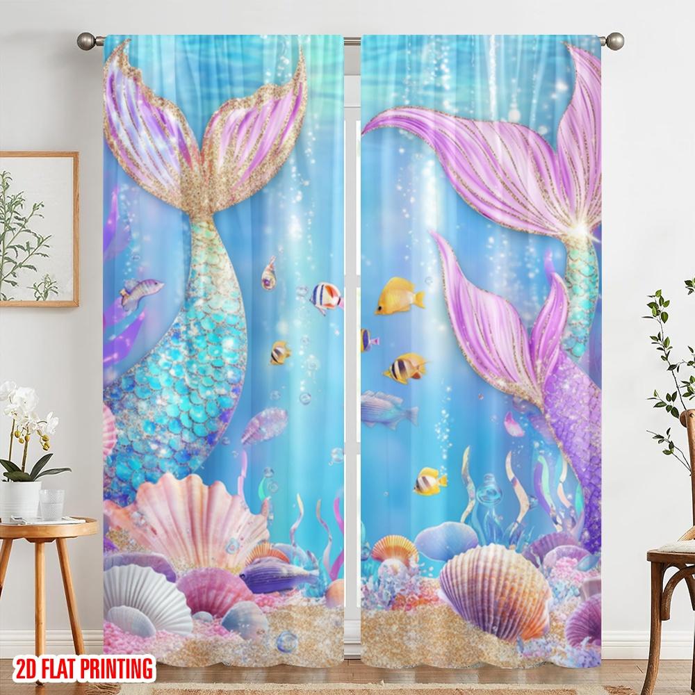 2pcs,2D plane printing Curtains&Window Treatment Mermaid Lagoon 100% Polyester (without rod) Outdoor Decorations Use for