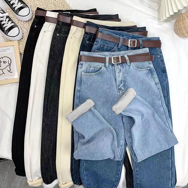 Women's Autumn Winter Thickened Warm Harun Pants Straight Leg Slim Women's Fashion Jeans Casual Pants