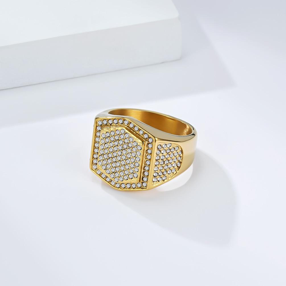 Hiphop Shinny Zircon Hexagon Shaped Ringn for Men Stainless Steel Ring Gold Plated Jewelry