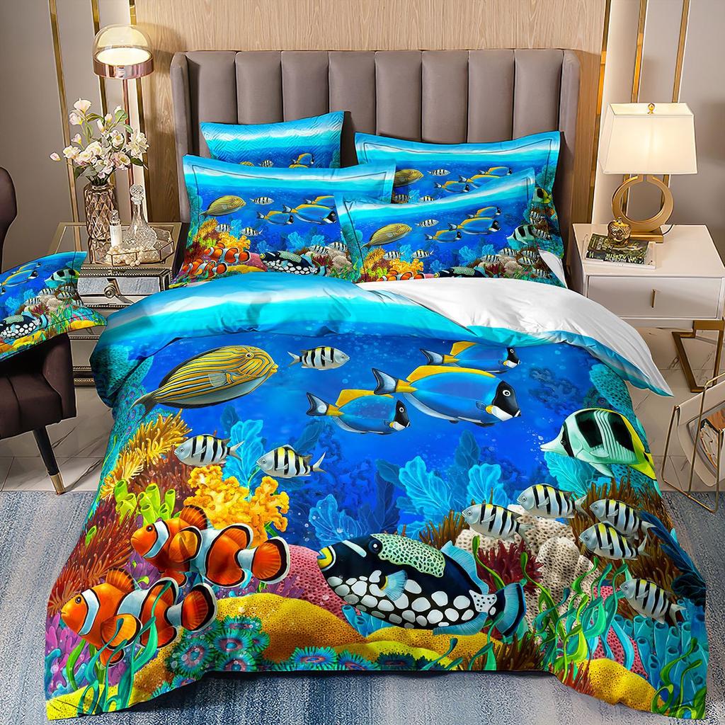 3D-gedruckte Heimtextilien Bettwäsche Delfin Meeresschildkröte Meerestier Quilt-Set Dreiteiliges Set