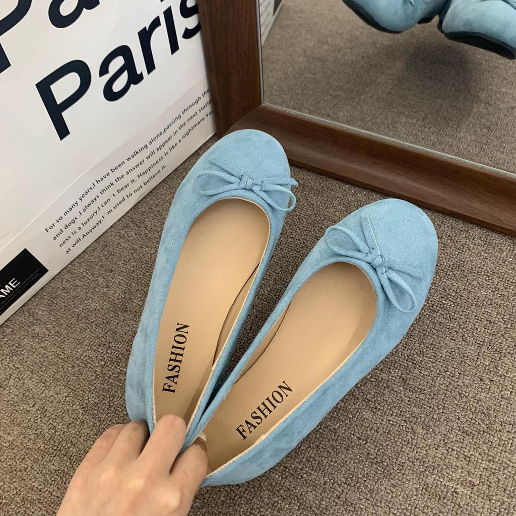 2025 Autumn New Retro Gentle Soft-soled Ballet Shoes Shallow Mouth Flat-soled Bow Matte Velvet Round Head Single Shoes Women