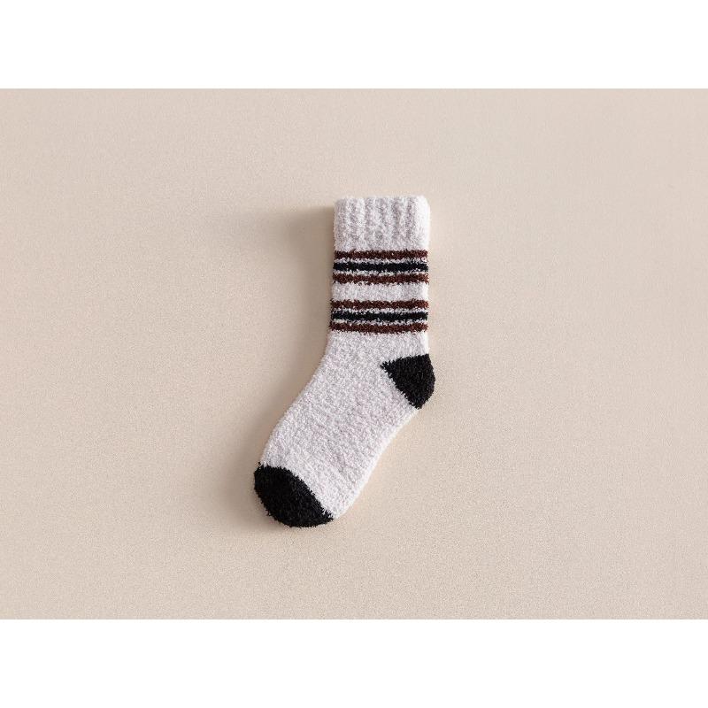 Coral fleece socks strips men's autumn and winter sleep socks medium tube socks fleece thickened warm home floor half fleece