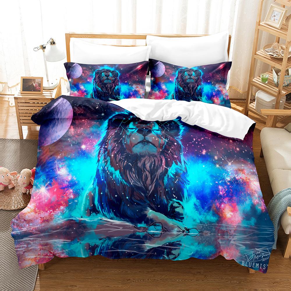 3D Lion Print Duvet Cover Sets King Size Animal Bedding Set Starry Galaxy Comforter Cover Microfiber Quilt Cover +Pillow Shams