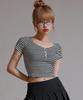 LIKE THE MOST Striped Henley Neck Half T-Shirt_Black