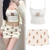 "Girls' Pure Desire Bear Print Suspender Pajama Set with Chest Pad - Summer Slim Fit Vest and Shorts"