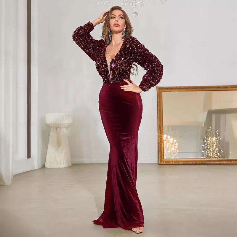 Sequin Gown Dress with Deep Backless Design, Hand-Beaded Long Sleeves, Sequin Patchwork, Velvet Long Dress, Birthday Gown Wine Red S