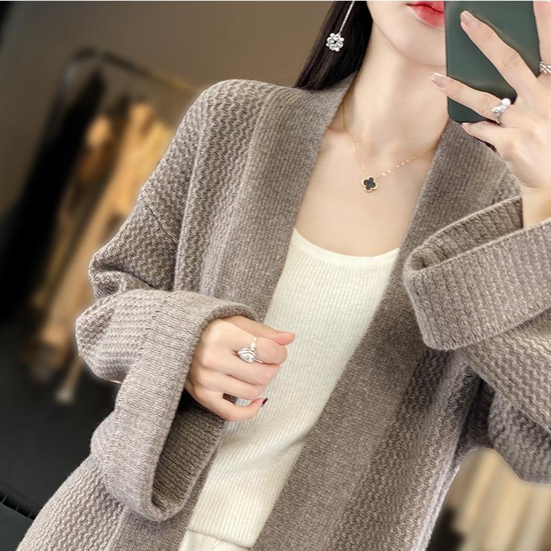 Women's Long Loose V-Neck Wool Cardigan - Autumn/Winter Heavyweight Knit Sweater Coat